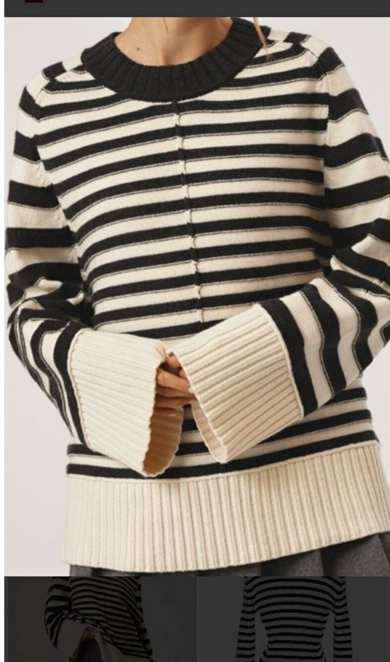 Maeve Striped Ribbed Knit Crew Neck Long Sleeve Sweater M gray, and cream